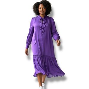 La Joie Purple Satin Long Bishop Sleeve Drop Waist Midi Dress Ruffle Bow Neck Ti